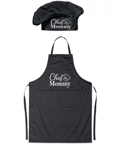 Personalised Chef Mommy Black Apron with Chef Hat Set